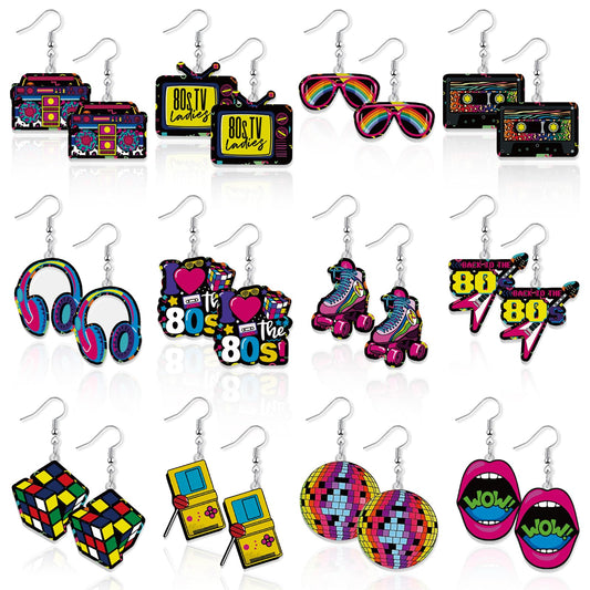 80s Retro Neon Acrylic Drop Dangle Earrings – 12 Pairs, 12 Designs