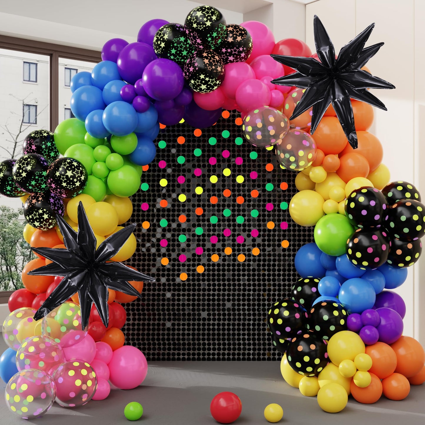 Glow in the Dark 80s Disco Rainbow Balloon Arch Garland Kit – 119 Piece