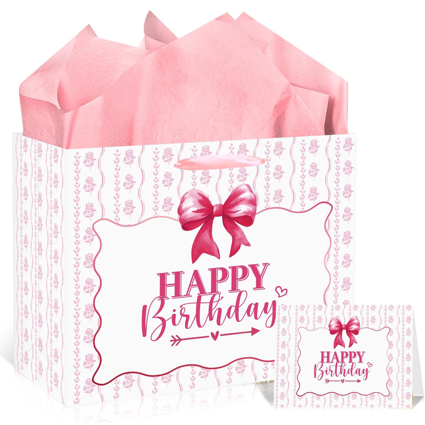 Pink Bow Birthday Gift Bag Set with Card and Tissue