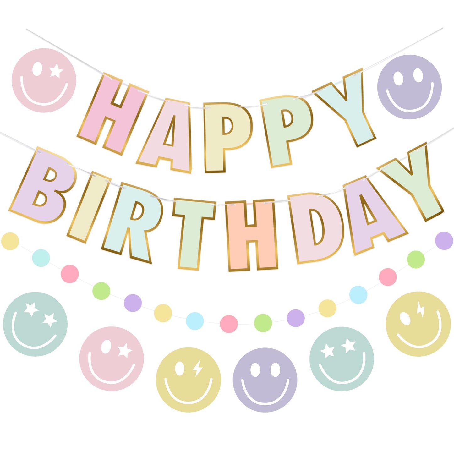 Pastel Happy Birthday Decorations for Women Girls Macaron Happy Birthday Banner with Smiley Face Birthday Decorations NO DIY Birthday Party Decorations with Circle Dot Happy Birthday Garland and Bunting Banner