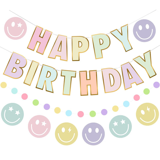 Pastel Happy Birthday Decorations for Women Girls Macaron Happy Birthday Banner with Smiley Face Birthday Decorations NO DIY Birthday Party Decorations with Circle Dot Happy Birthday Garland and Bunting Banner