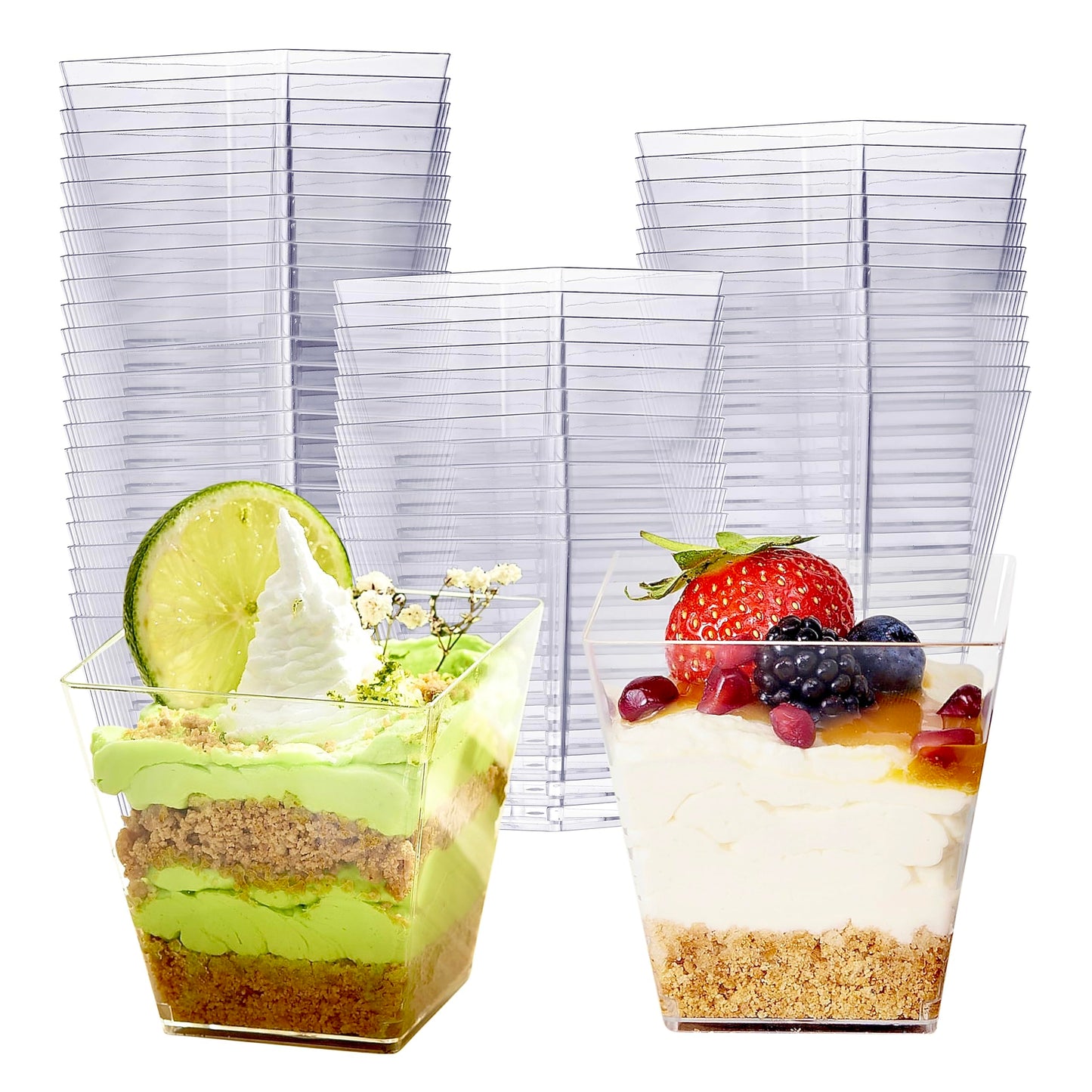 MATANA 48 Pack 8oz Large Square Dessert Cups - Reusable Clear Hard Plastic Appetizer Cups for Puddings Mousses Yogurt Parfaits Trifles Tiramisu Cheesecakes Party Buffet Wedding