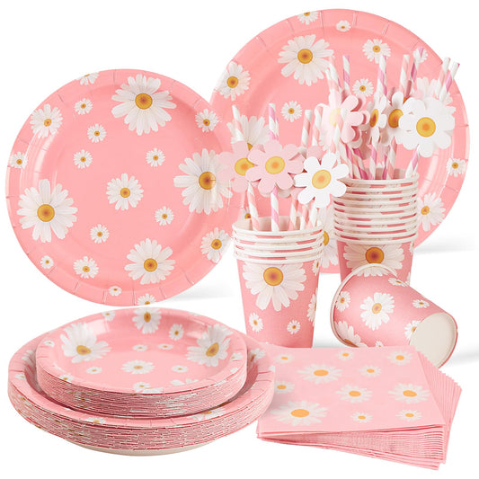 SUNBEAUTY Daisy Birthday Party DecorationsDaisy Baby Shower Decorations Daisy Party Supplies Daisy Plates Cupcake Wrappers Paper Cups Straws Forks for Boys Kids Serves 16 Guests