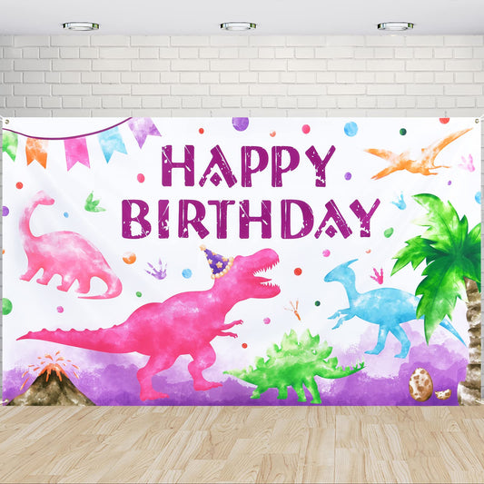 Watercolour Pink Dinosaur Birthday Party Backdrop – 73 x 43 Inch