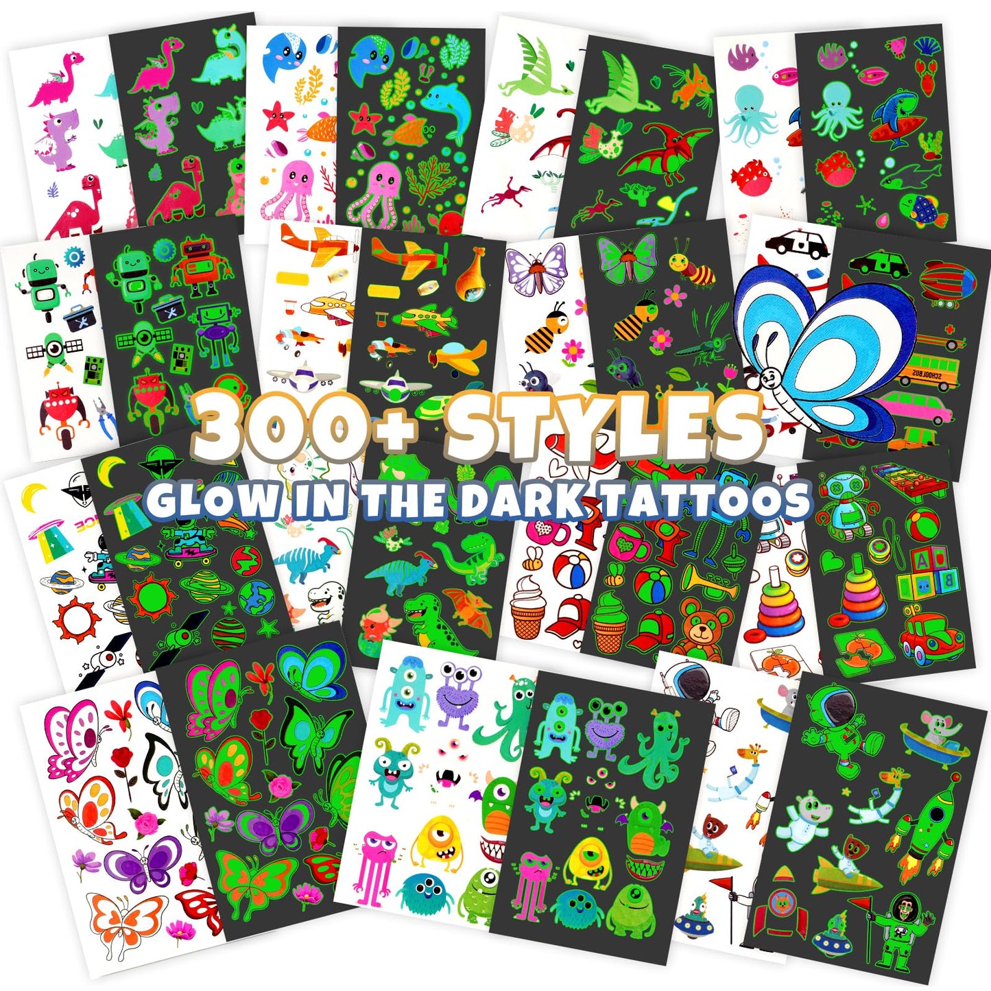 Yocieco Temporary Tattoo for Kids 300+ Pcs Glow in the Dark Tattoos Kids Stickers Luminous Party Supplies with Car/Dinosaur/Space/Butterfly Favors for Boys Girls