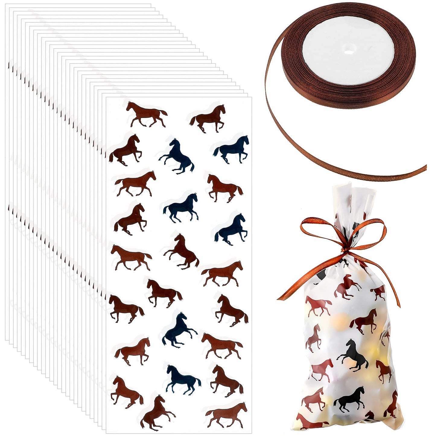 100 Pieces Horse Cellophane Bags Horse Racing Treat Bags Animal Party Goodie Bags with A Roll of Brown Ribbon for Chocolate Candy Snacks Cookies Cowboy Cowgirl Horse Themed Party Supplies