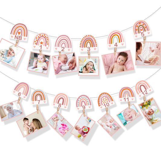 Laumoi 13 Pcs Rainbow First Birthday Photo Supplies Rainbow Baby Monthly Milestone Photo Banner Pink Garland from Newborn to 12 Months for Boho Birthday Party Supplies Photo Booth Props Decor