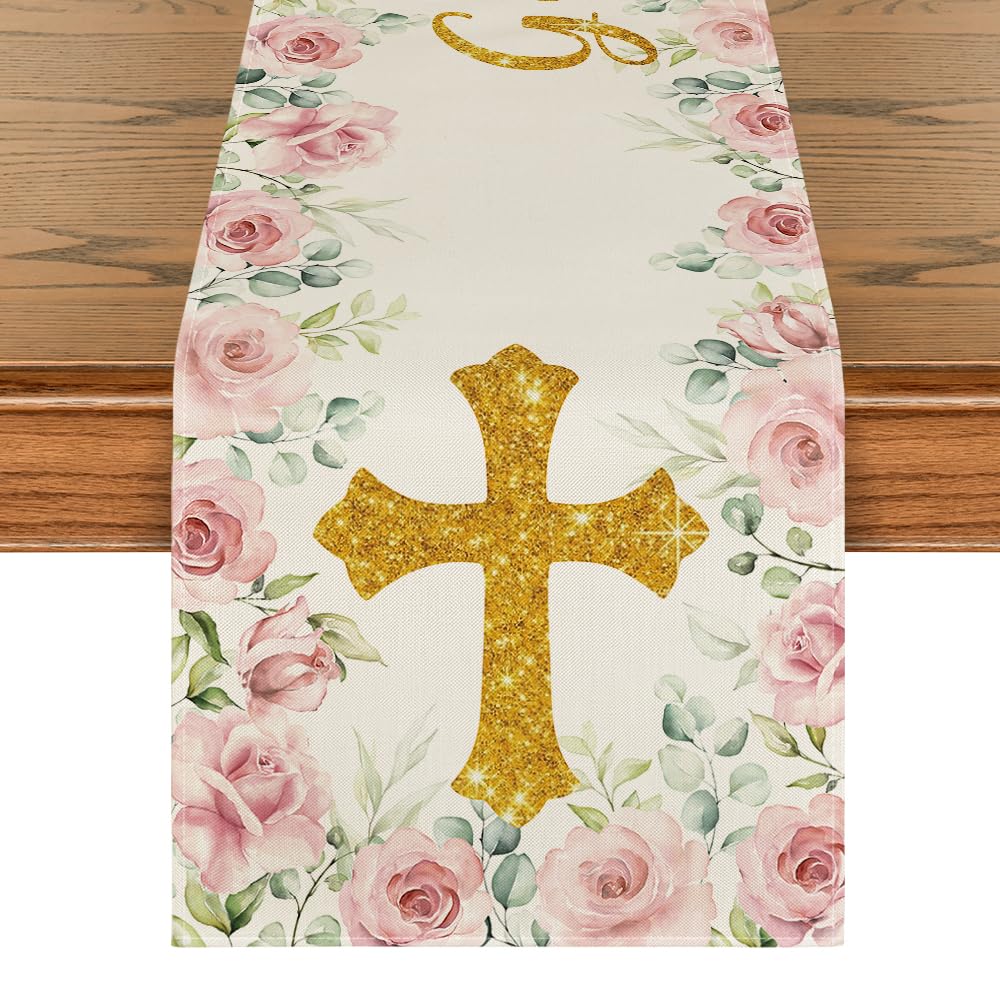 Artoid Mode Pink God Bless Girl Baptism Baby Shower Table Runner First Holy Communion Christening Holiday Kitchen Dining Table Decoration for Home Party Decor 13x90 Inch