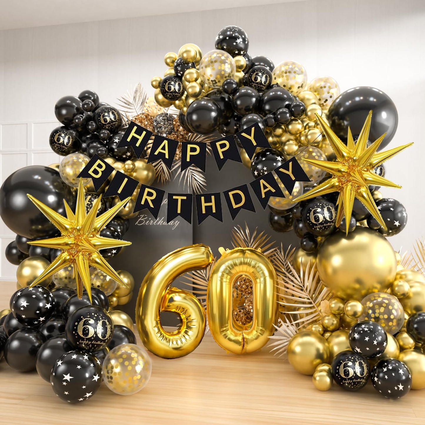 60th Birthday Black & Gold Balloon Garland Kit - 152 ct