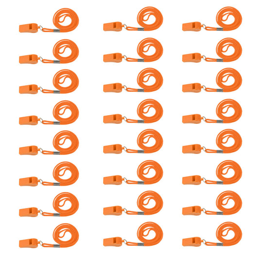 Orange Plastic Sports Whistles with Lanyards - 24 ct