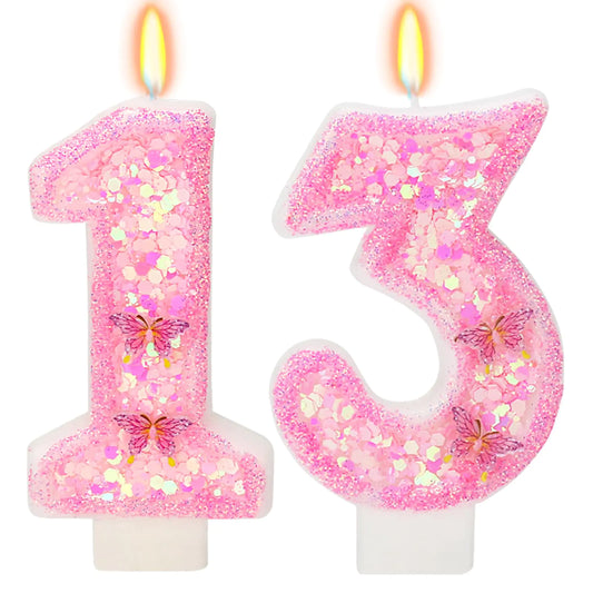 Butterfly Number 13 Birthday Candle – Pink Sequin Cake Topper