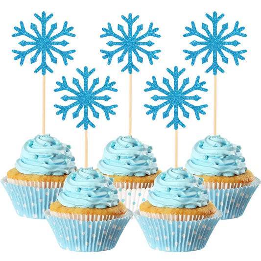 50PC Blue Snowflake Glitter Cupcake Toppers
