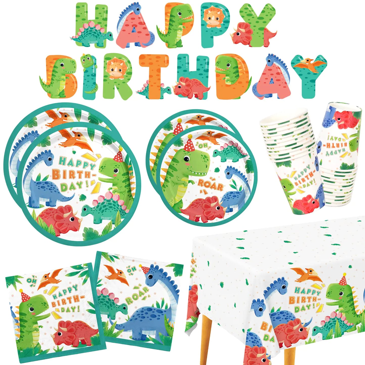 Dinosaur Colorful Disposable Party Supplies Set - 25 Guests