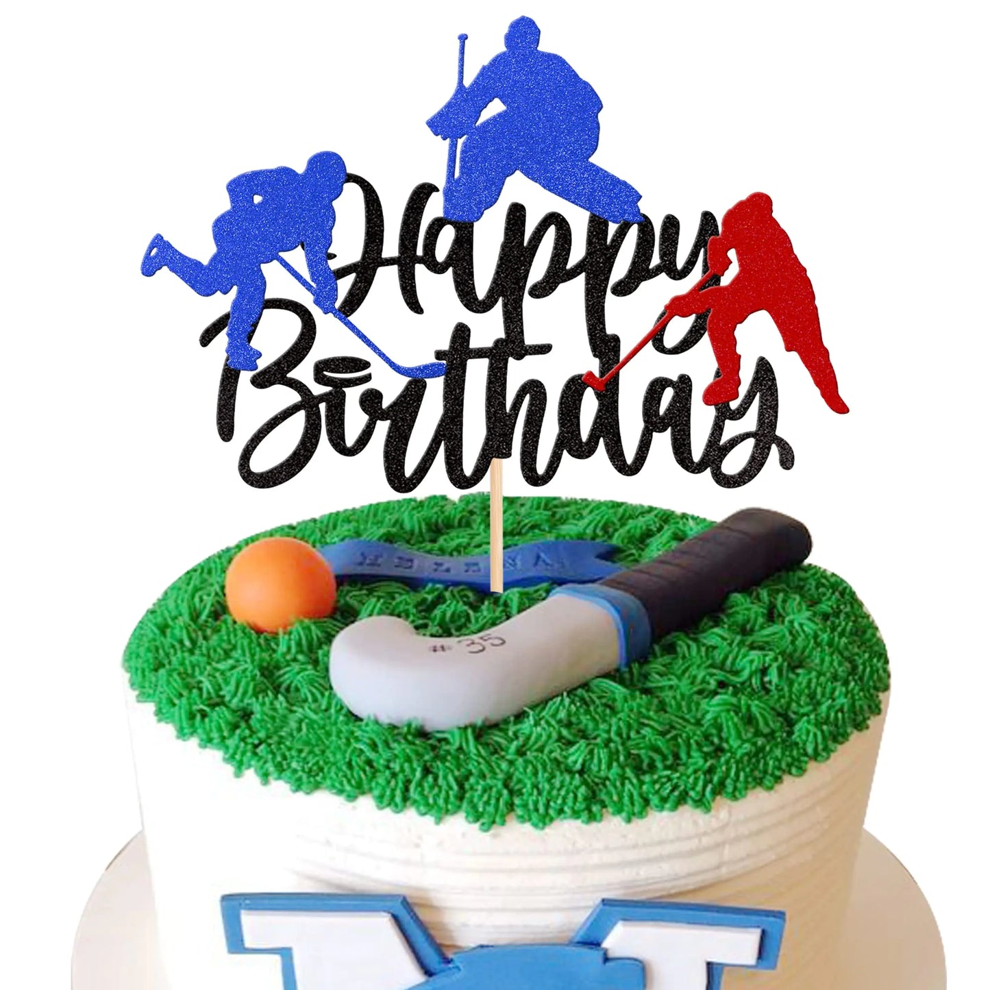Black Glitter Hockey Birthday Cake Topper