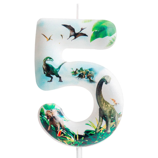 White Dinosaur Number 5 Birthday Candle – Jurassic Cake Topper