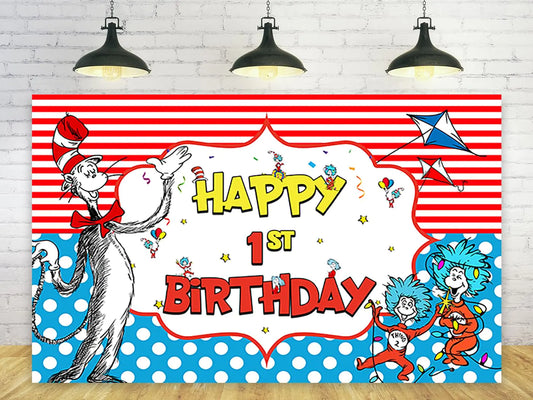 Blue Dots & Red Stripes Birthday Backdrop (5 x 3 ft)