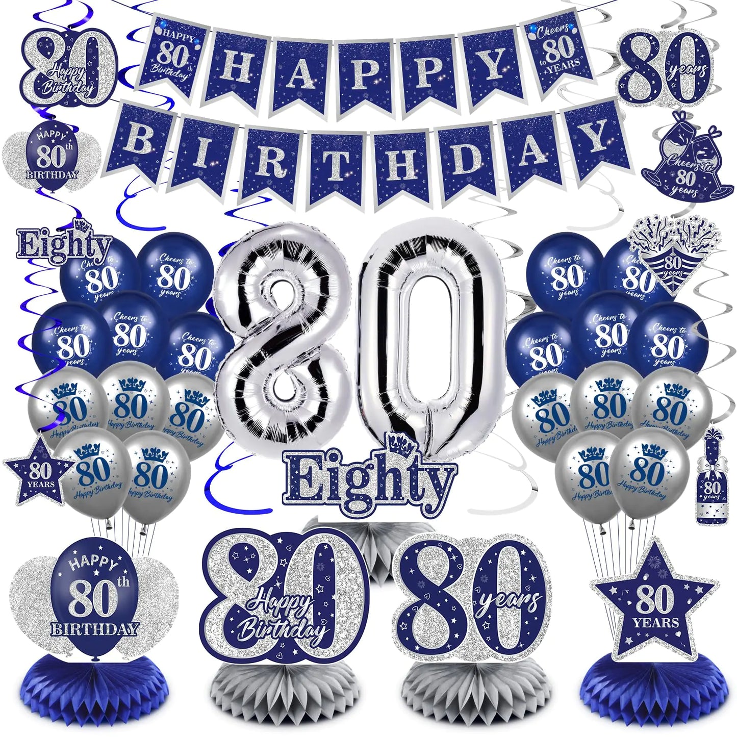 Navy & Silver 80th Birthday Decoration Kit - 47 ct