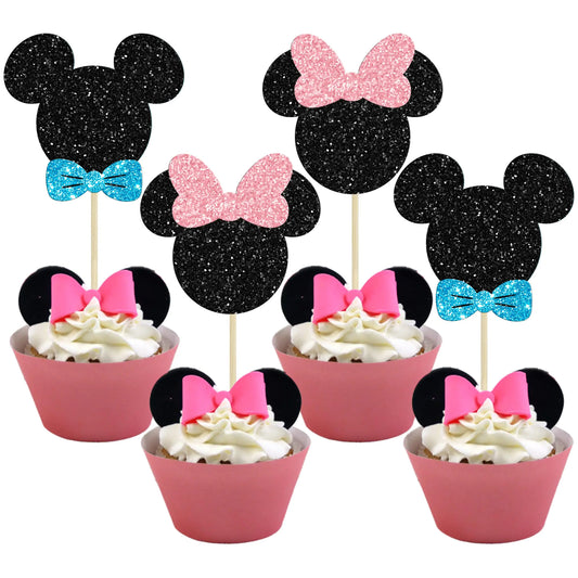 36PC Glitter Mouse Bow Cupcake Toppers – Blue & Pink