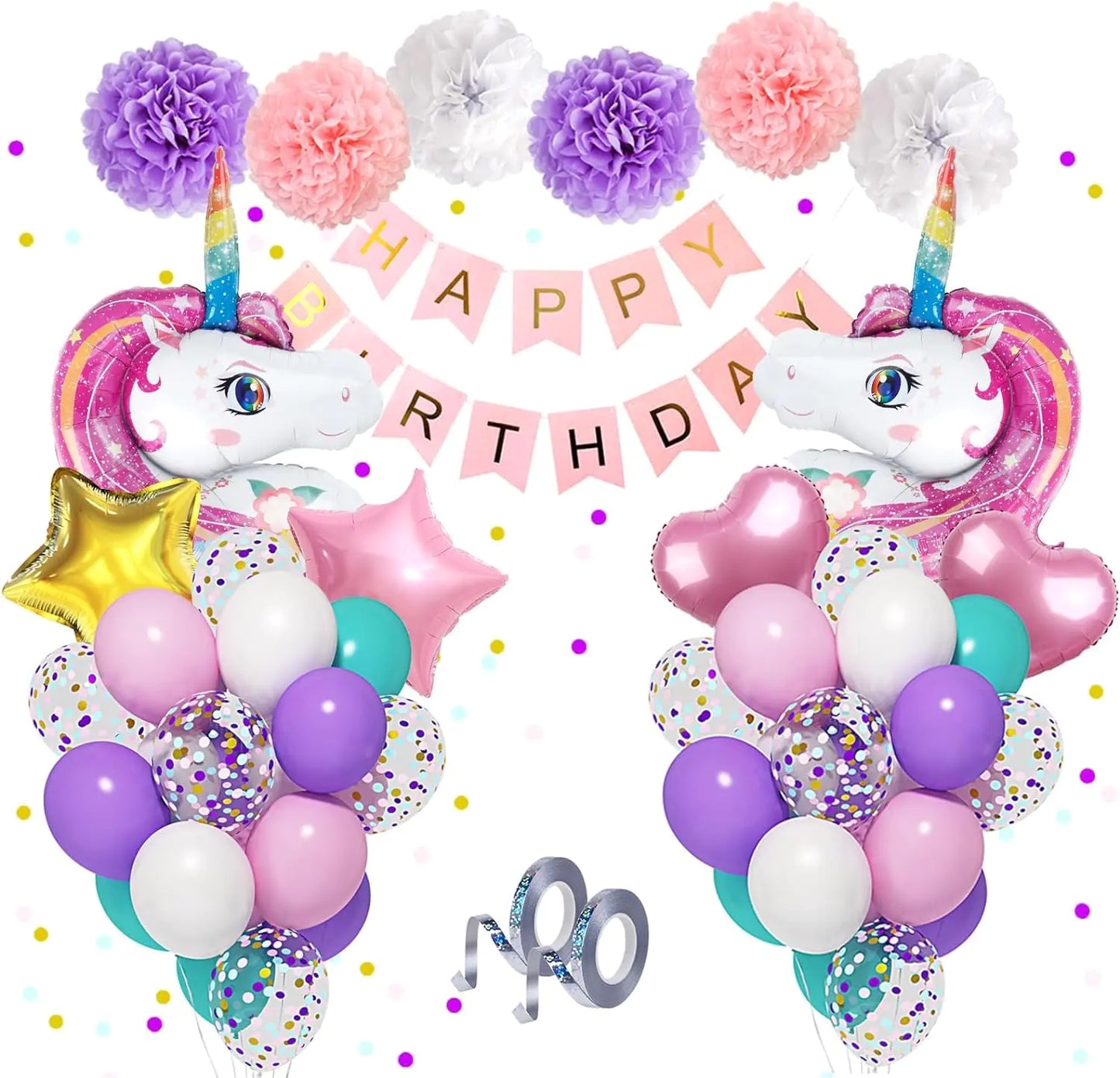 Unicorn Birthday Balloon Bundle - Jumbo Foil & Confetti