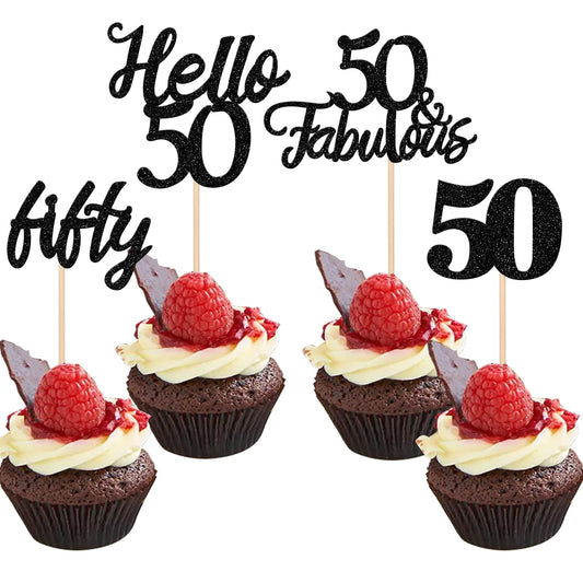 Black Glitter 50 & Fabulous Cupcake Toppers