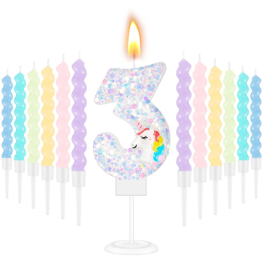 Unicorn Number 3 Birthday Candle Set with 12 Rainbow Spiral Candles