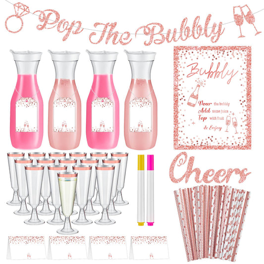 Sunnychicc 99 Pcs Mimosa Bar Supplies Bridal Shower Decorations 34 oz Plastic Water Carafe with Lids Plastic Champagne Flutes with Straws the Bubbly Banner for Rose Gold Bachelorette Mimosa Party