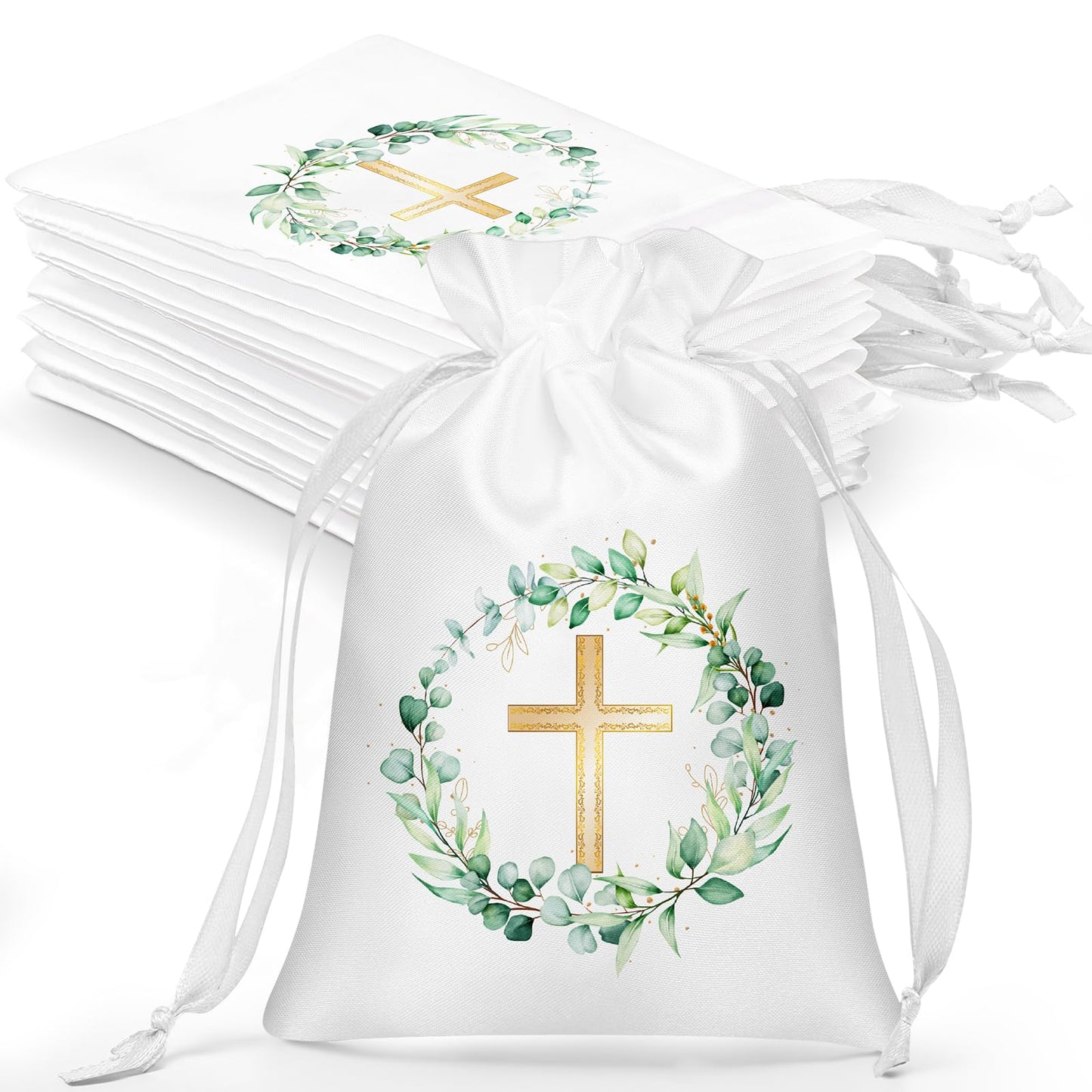 PerKoop 50 Pcs Baptism Satin Gift Bags with Drawstring 4 x 6 Inch Religious Party Favor Candy Bags Cross Gift Bag Jewelry Pouches for Baptism First Communion(White Greenery)