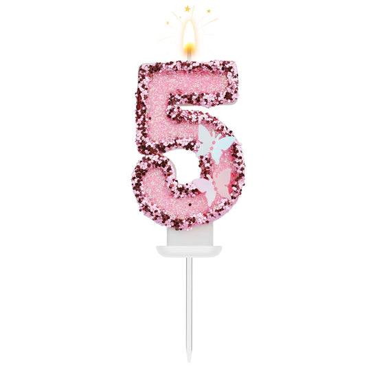 Butterfly Pink Number 5 Birthday Candle