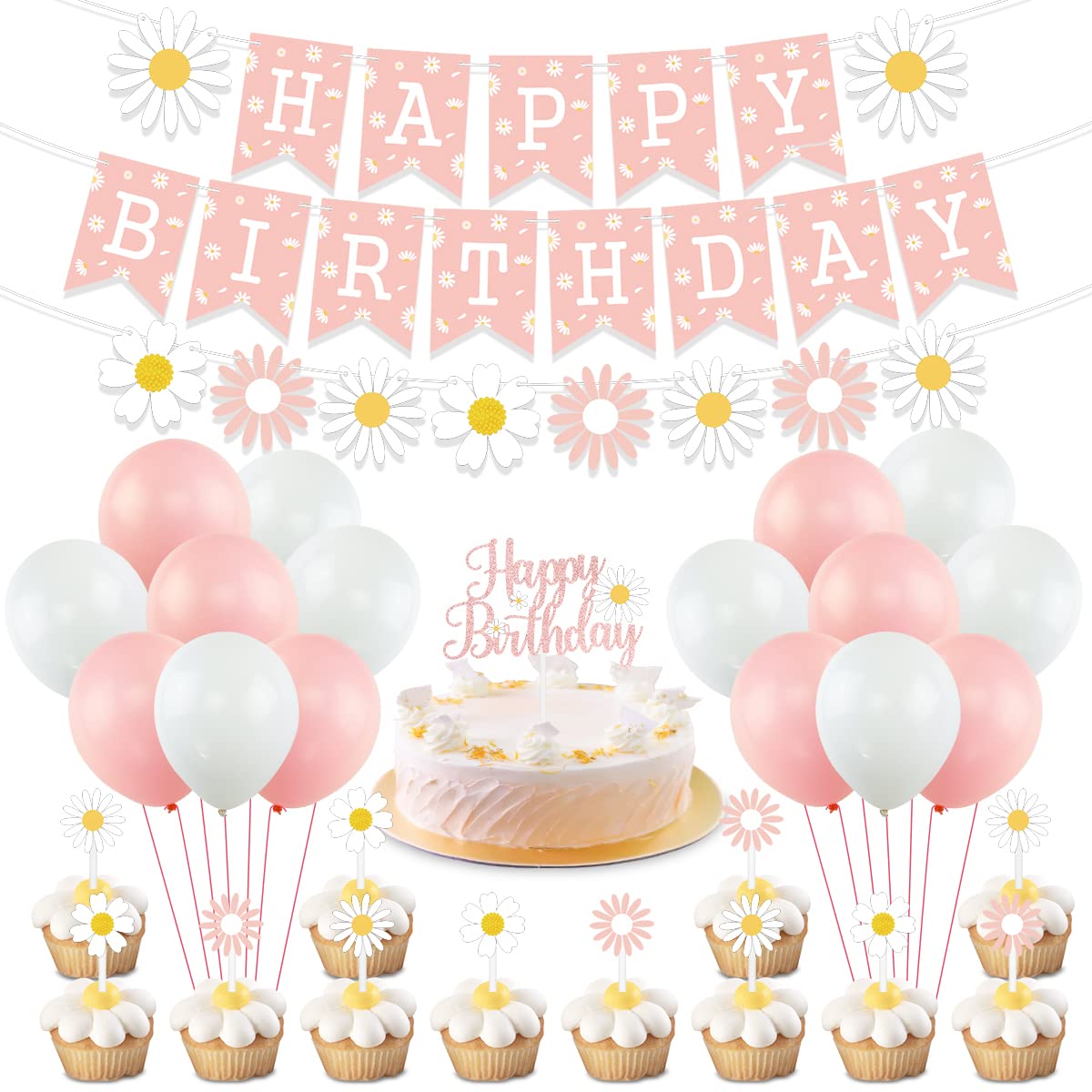Daisy Flower Birthday Party Decorations Daisy Happy Birthday Banner Daisy Flower Birthday Cake Cupcake Toppers for Hippie Themed Daisy Party Girl Baby Shower Birthday Boho Daisy Birthday Supplies