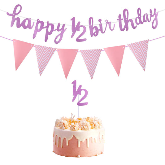 Happy 1/2 Birthday Banner – Pink Glitter, 6 Months