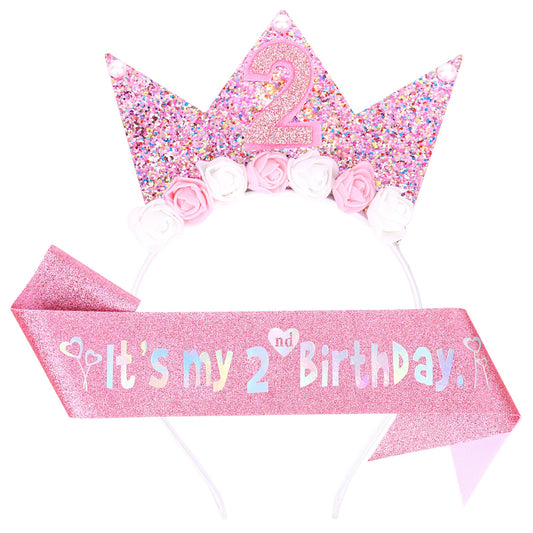 YARIEW 2nd Birthday Decorations for Girls 2nd Birthday Headband and Glitter Birthday Sash Kit Birthday Tiara Flower Princess Crown Headband Its My Birthday Sash Birthday Girl Outfit