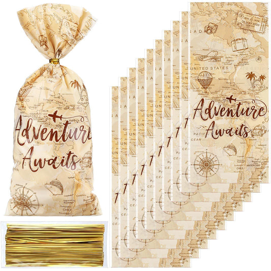 Adventure Awaits Cellophane Treat Bags – 100 Pack, Travel Theme