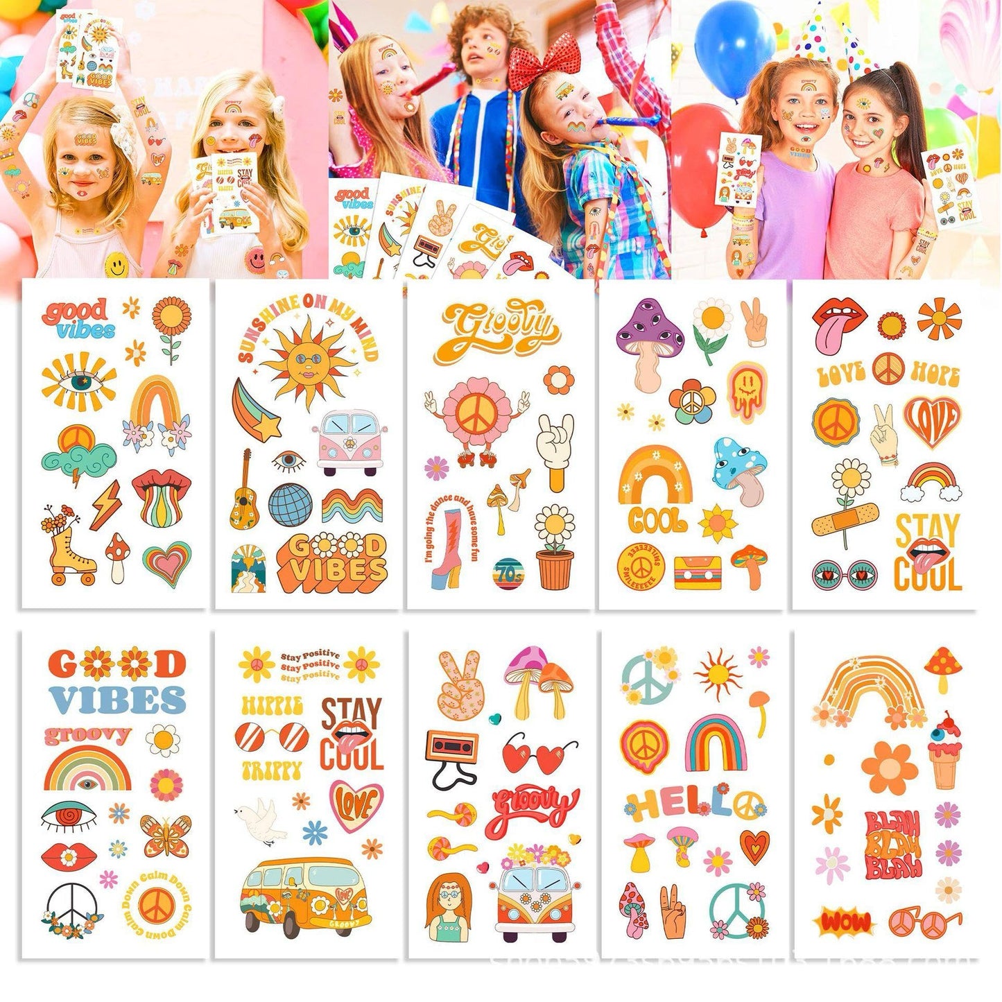 Groovy 70s Temporary Tattoos - 110 Pcs Flower Power Birthday Party Supplies Good Vibes Only Favors Smiley Rainbow Arts and Crafts for Teens Adults