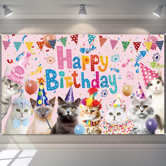 Pink Cat Happy Birthday Party Backdrop Banner – 6 x 3.6 Ft