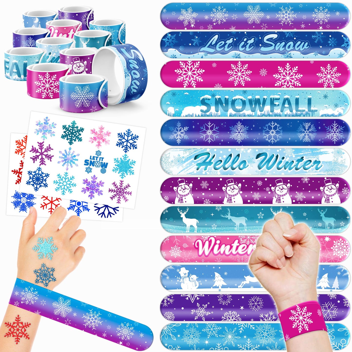 Snowflake Party Favours – Tattoos & Slap Bracelets Bundle 48 Pack