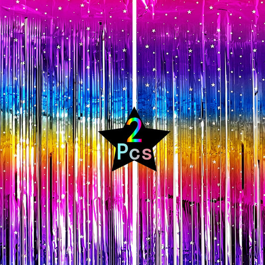 Neon Rainbow Foil Fringe Curtain Photo Booth Backdrop – 2 Pack, 3.3 x 6.6 Ft