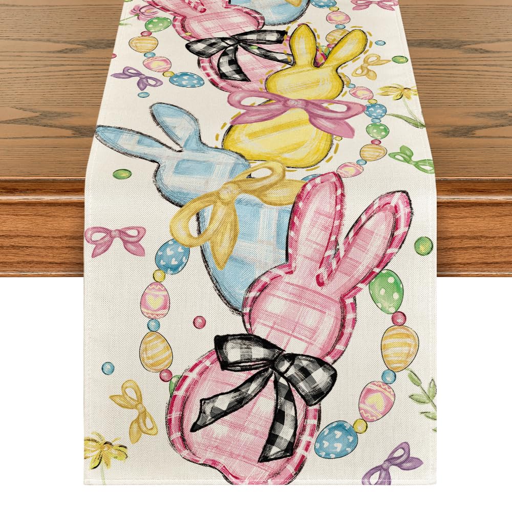 Artoid Mode Floral Bow Bunny Rabbits Eggs Easter Table Runner Seasonal Spring Kitchen Dining Table Decoration for Home Party Decor 13x72 Inch
