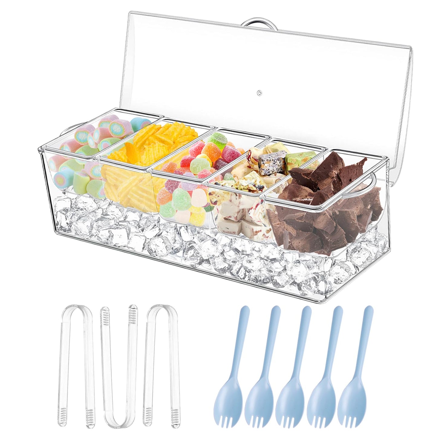 Chilled Condiment Server Ice Chilled Condiment Caddy with 5 Sporks and 3 Serving Tongs Condiment Serving Tray Platter for Mimosa Bar Accessories Fruit Salad Taco ICY Condiment Bar Garnish Tray