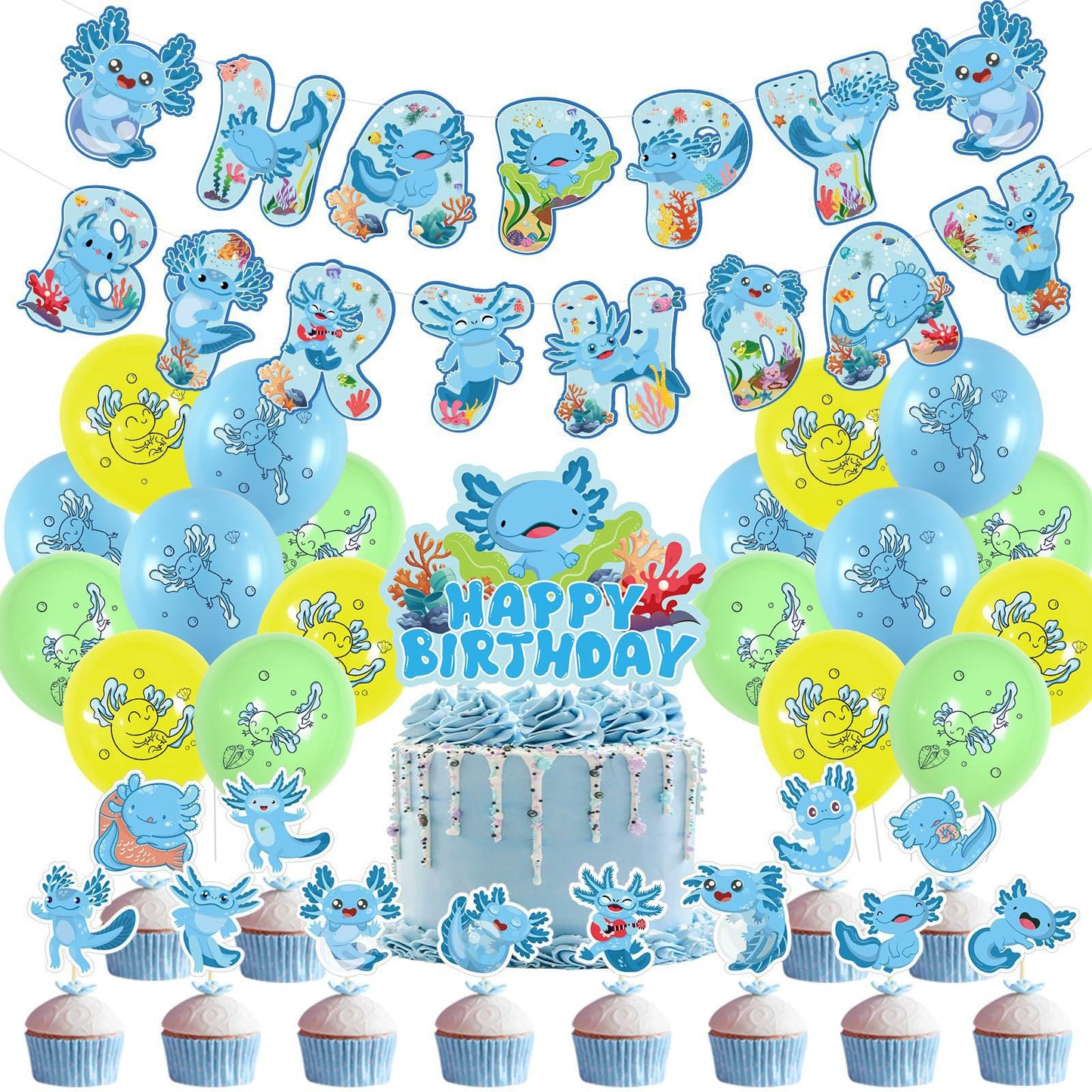 Blue Axolotl Birthday Party Supplies – 32 Piece