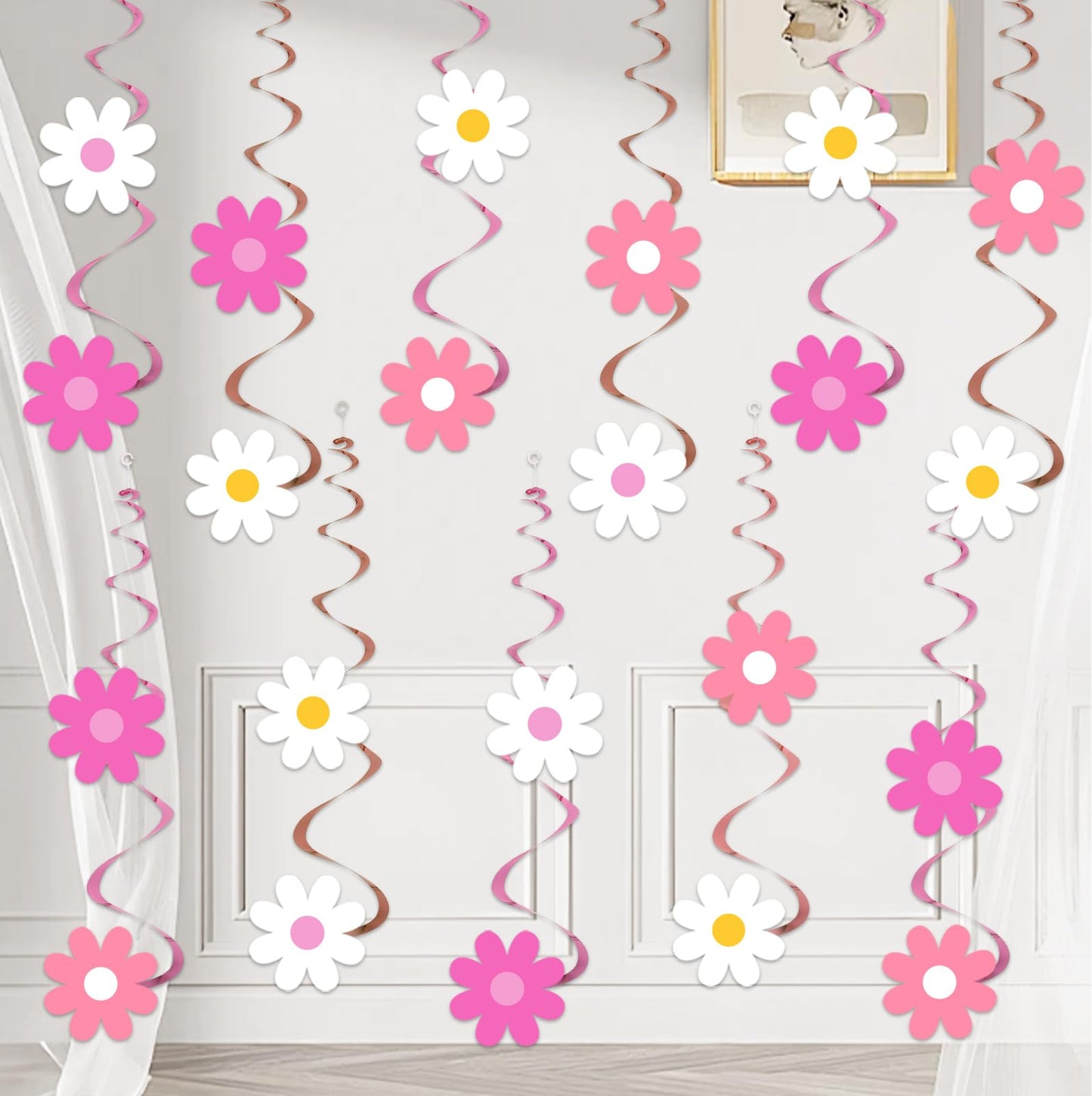 64pcs Birthday Party Decorations - Ceiling Foil Swirl Decorations Hanging Party Streamers Daisy Flower For Women Girls Children Happy Birthday Graduation Wedding Anniversary (Pink)