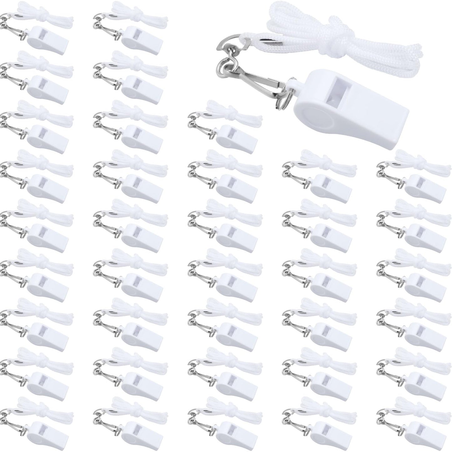 White Plastic Whistle with Lanyard – 24 Pack