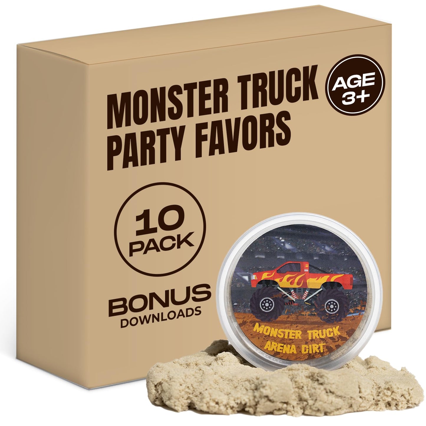 Monster Truck Party Favors - 10 Jars Quartz Sand - Monster Truck Sand - Sensory Sand for Kids-Includes Customizable Printable Monster Truck Cupcake Toppers & Snack Labels-Creative Molding Sand
