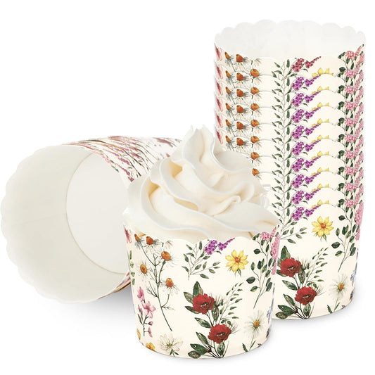 JarThenaAMCS 100Pcs Vintage Floral Paper Baking Cups Colorful Wildflower Cupcake Wrappers Scalloped Edge Cupcake Muffin Cases for Birthday Wedding Party Supplies