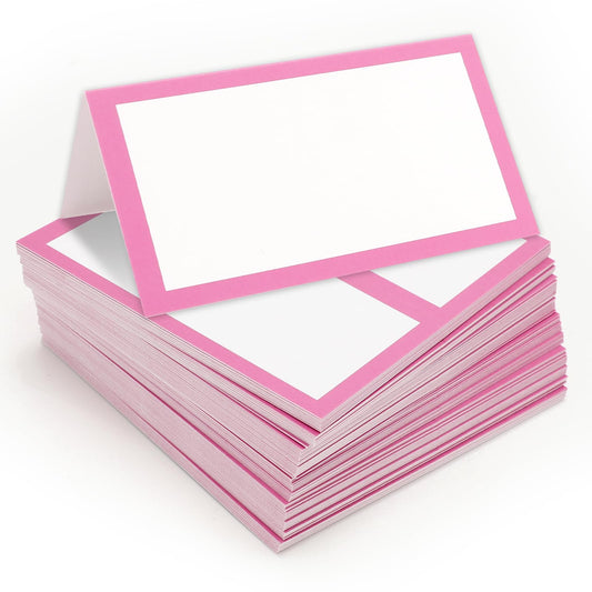 Whaline 100Pcs Hot Pink Place Cards 3.5 x 2 Inch White Blank Tented Cards Wedding Seating Cards for Party Table Setting Supplies