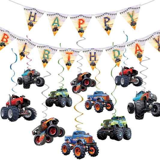 Monster Truck Birthday Party Supplies Pack Monster Truck Party Decorations including Triangle Monster Truck Happy Birthday Banner 10pcs Monster Truck Hanging Swirls for Kid‘s Birthday