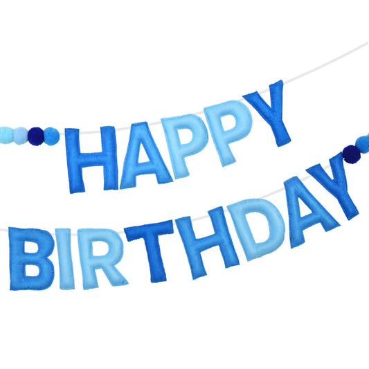 Blue Felt Happy Birthday Garland with Pompoms Party Decoration