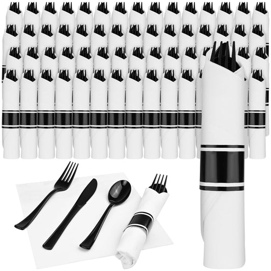 Black Elegant Pre-Rolled Plastic Silverware Set
