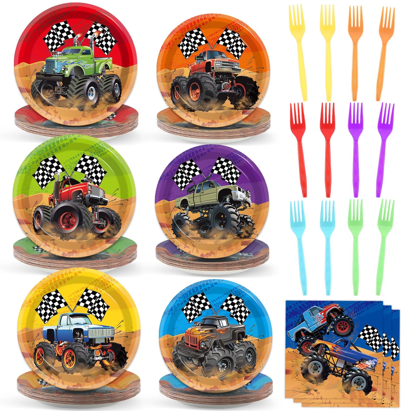 96Pcs Monster Truck Birthday Party Plates and Napkins Forks for Truck Birthday Party Decorations Truck Themed Paper Plates Tableware for Kids Boys Serves 24 Racing Car Birthday Party Supplies Favors