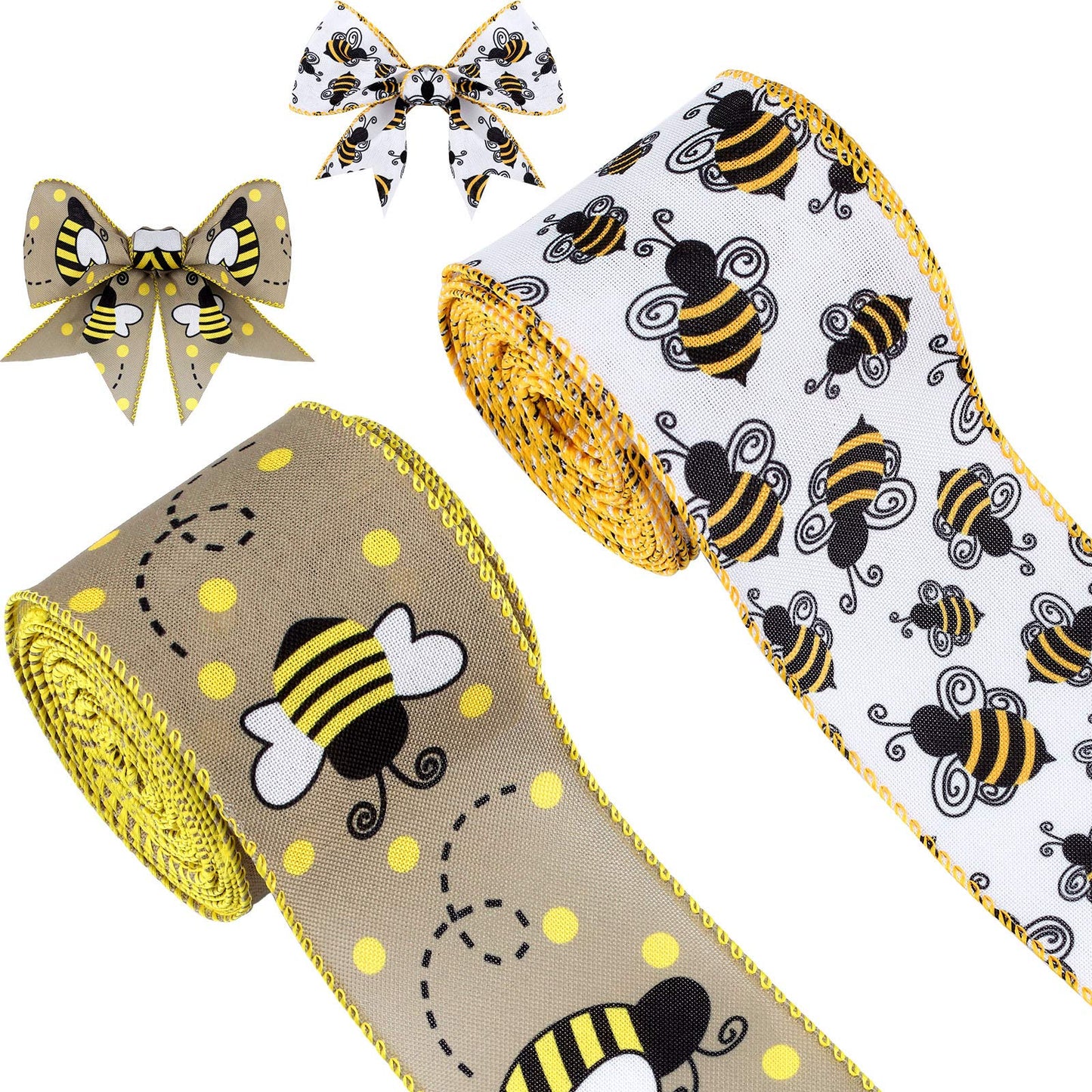 2 Rolls 20 Yards Bee Wired Edge Ribbons Honeybee Canvas Wired Edge Ribbons Black Yellow Wired Edge Ribbon for DIY Craft Wrapping Floral Hanging Ornaments 2 Styles