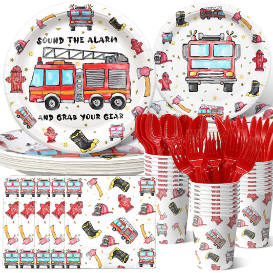 Watercolour Fire Truck Birthday Party Tableware Set – 140 Piece, Serves 20